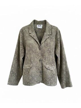 FLAX Cotton Floral Embroidered Jacket Green Women's Size Large Lagenlook Boho